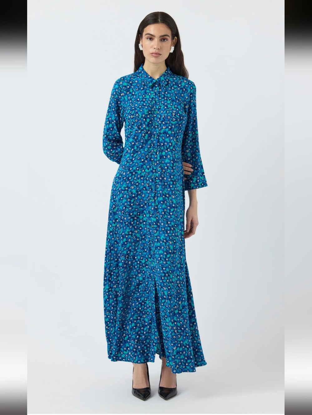 Y.A.S Blue Floral Maxi Dress Button Front Collared Size XS Cottagecore| Occasion